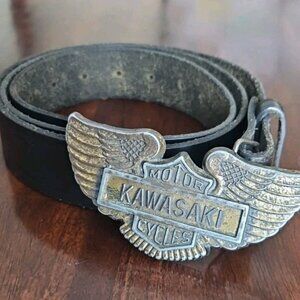 Vintage Kawasaki Motorcycles Buckle With Black Leather Belt, 49"